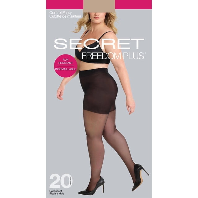 SECRET® FREEDOM PlusTM Collants Résistants à la Course Vue Orientée vers l'Avant sur Fond Blanc Montrant une Ceinture Lisse et une Culotte Renforcée; Tissu de Jambe 64 % nylon/36 % Élasthanne, Culotte 86 % nylon/14 % Élasthanne, Convient comme Bas Résistants à la Course à Porter sous des Jupes et des Robes.