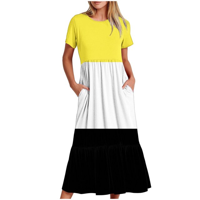Tumotour Robe d'Été pour Femmes, Imprimée, Ample, Décontractée, à Manches Courtes, Col Ras du Cou, Ligne A, Évasée, Fluide, à Étages, Chemise, Maxi, Plage, Longue, 2025, Tenues Tendance avec Poches