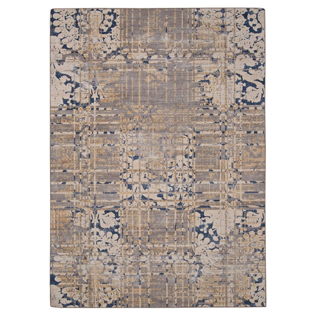 Outdoor Washable Ocala Navy & Sand 5' x 7' Area Rug with flat pile and non-slip backing, featuring an abstract geometric pattern in navy, sand, and beige. UV fade resistant and machine washable, ideal for indoor and outdoor high-traffic areas including patios and kitchens.