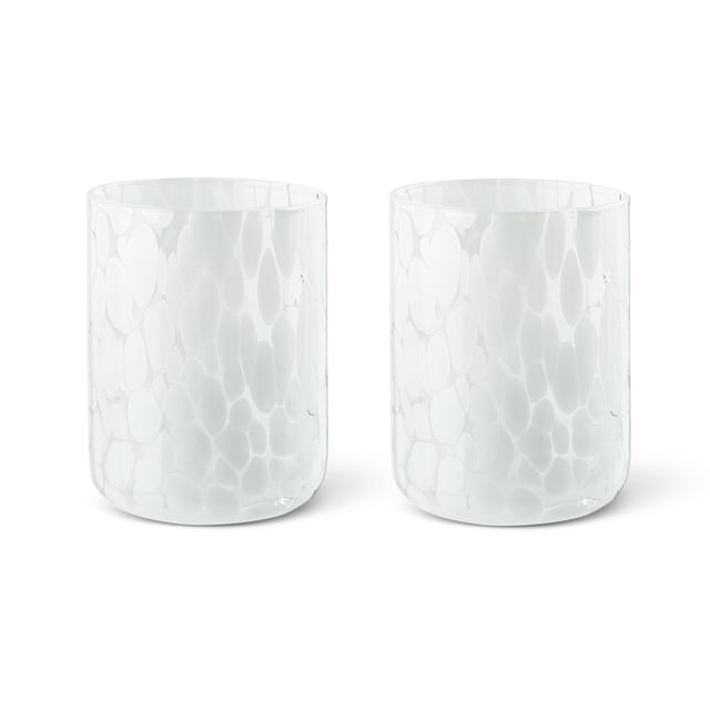 Thyme & Table 12 fl oz White Tortoise Drinking Glass, 2 Pack front-facing view of two clear glass tumblers with a white tortoise pattern, rounded silhouette, 12 fl oz capacity, durable glass construction and top-rack dishwasher safe; suited for water, juice or cocktails and often used as a small bud vase for single stems.