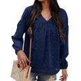 thumbnail image 1 of Women Crochet Elastic Cuff V Neck Long Sleeve Plain Top, 1 of 4