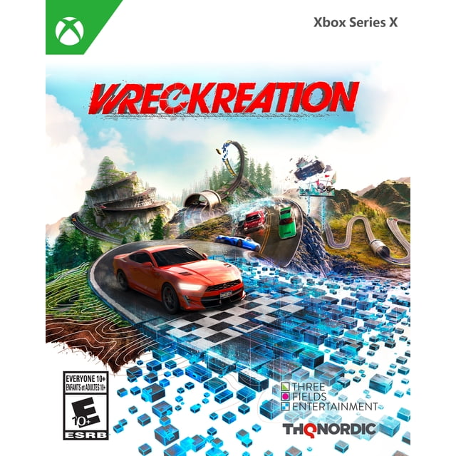 Wreckreation Xbox Series X game cover Montrant une Voiture de Sport Rouge en Course sur une Piste d'Arcade à Monde Ouvert Sinueux avec des Boucles, des Sautoirs et des Cascades au-Dessus de Montagnes Boisées, des Éléments de Grille Bleue Numériques en Dessous, et Plusieurs Voitures Qui Effectuent des Accidents et des Explorations.