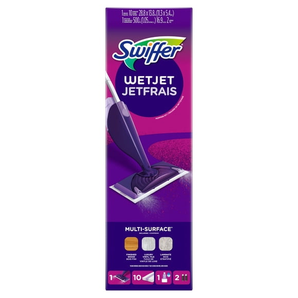 Swiffer WetJet Hardwood and Floor Spray Mop, All-In-One Mopping Cleaner Starter Kit, Includes: 1 WetJet, 10 Pads, 2 Cleaning Solutions & Batteries