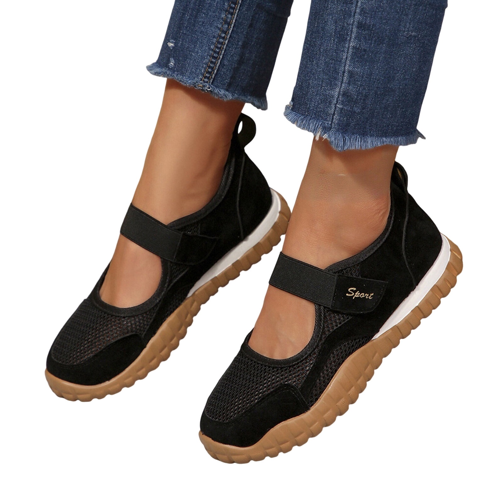 靴 Strap Mary Jane Sneakers Women's Mesh Mary Jane Sneakers with Adjustable Hook and Loop