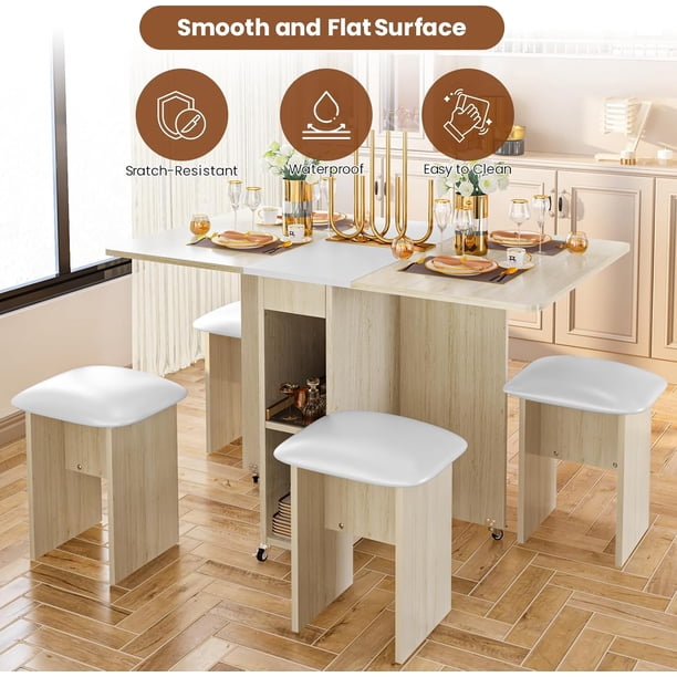 AWQM 4 Person Folding Dining Table Set with 4 Leather Chairs and