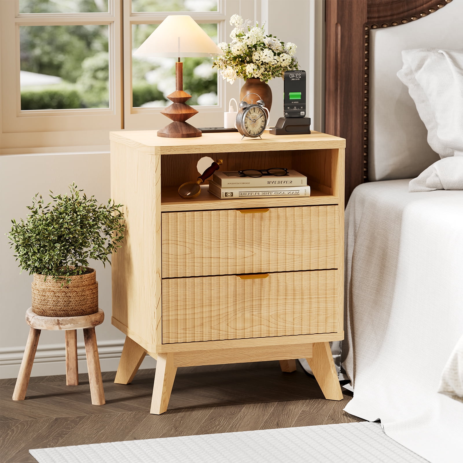 Modern Fluted Night Stand, Wood  Nightstand with USB Ports and Outlets, 2 Drawers and Open Shelve, Bedside Table End Table  for Living Room Bedroom