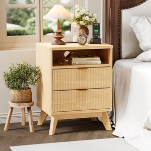 Stand de nuit moderne Fluted, Table de nuit en bois USB Ports et sorties, 2 Tiroirs et Shelve ouvert, Table de chevet pour Chambre à coucher