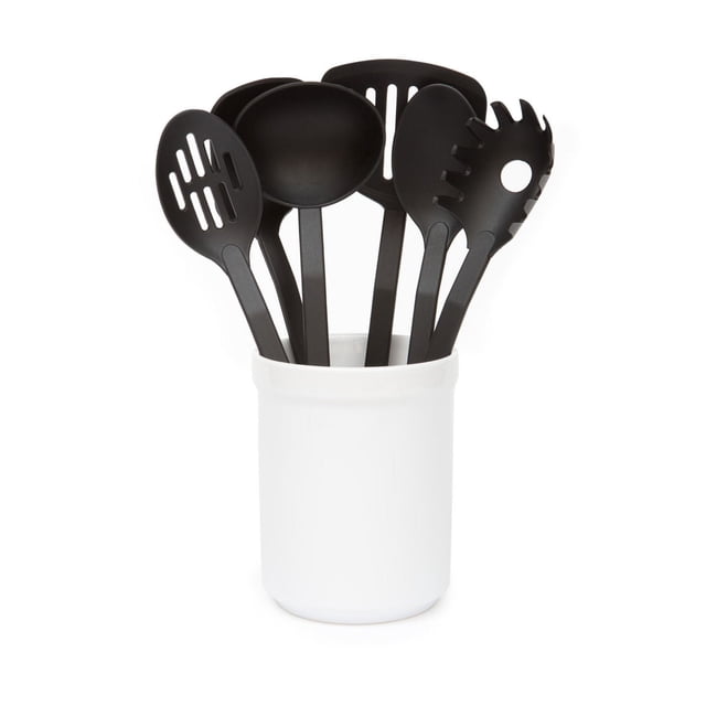 Farberware 7-Piece Nylon Tool Set with white crock, featuring black nylon solid spoon, slotted spoon, pasta fork, spatula, and slotted turner, heat-resistant and safe for non-stick cookware, ideal for organized kitchen utensil storage.