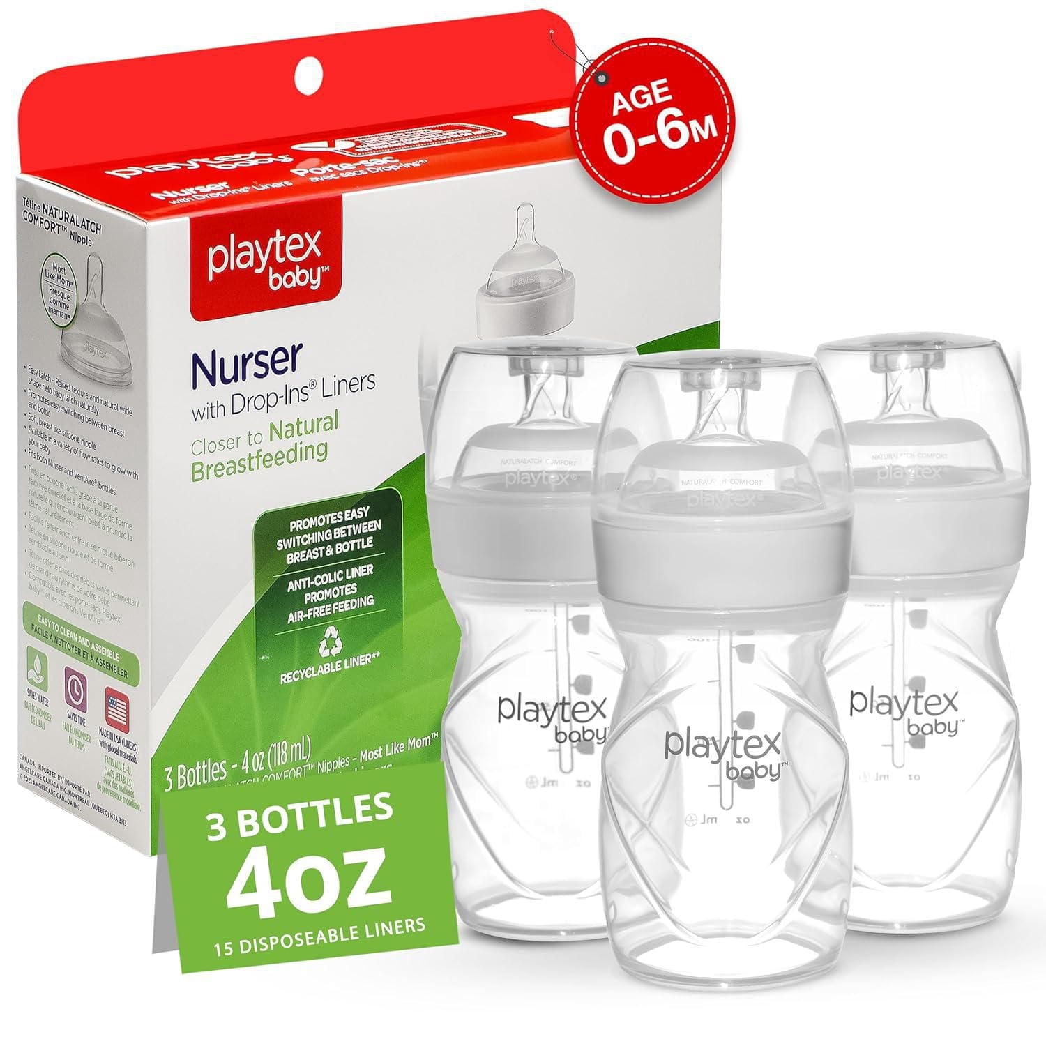 Playtex Baby® Anti-Colic, Reduce Gas, Air Free Nurser Bottle with 15 Pre-Sterilized Disposable Drop-Ins Liners, Closer to Breastfeeding, 3x4 ounce Bottles