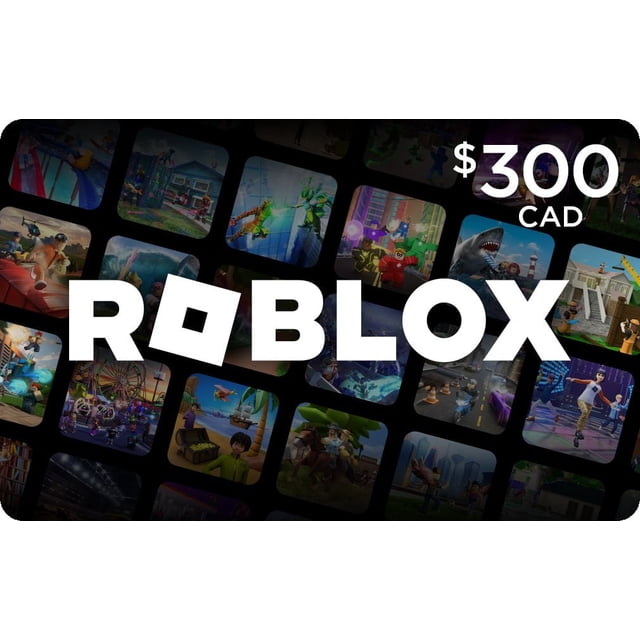 Roblox $300 Digital Gift Card showing the white Roblox logo centered on a black background with a grid of colorful Roblox game thumbnails featuring various avatars and scenes, and $300 CAD price in white text at the top right corner.