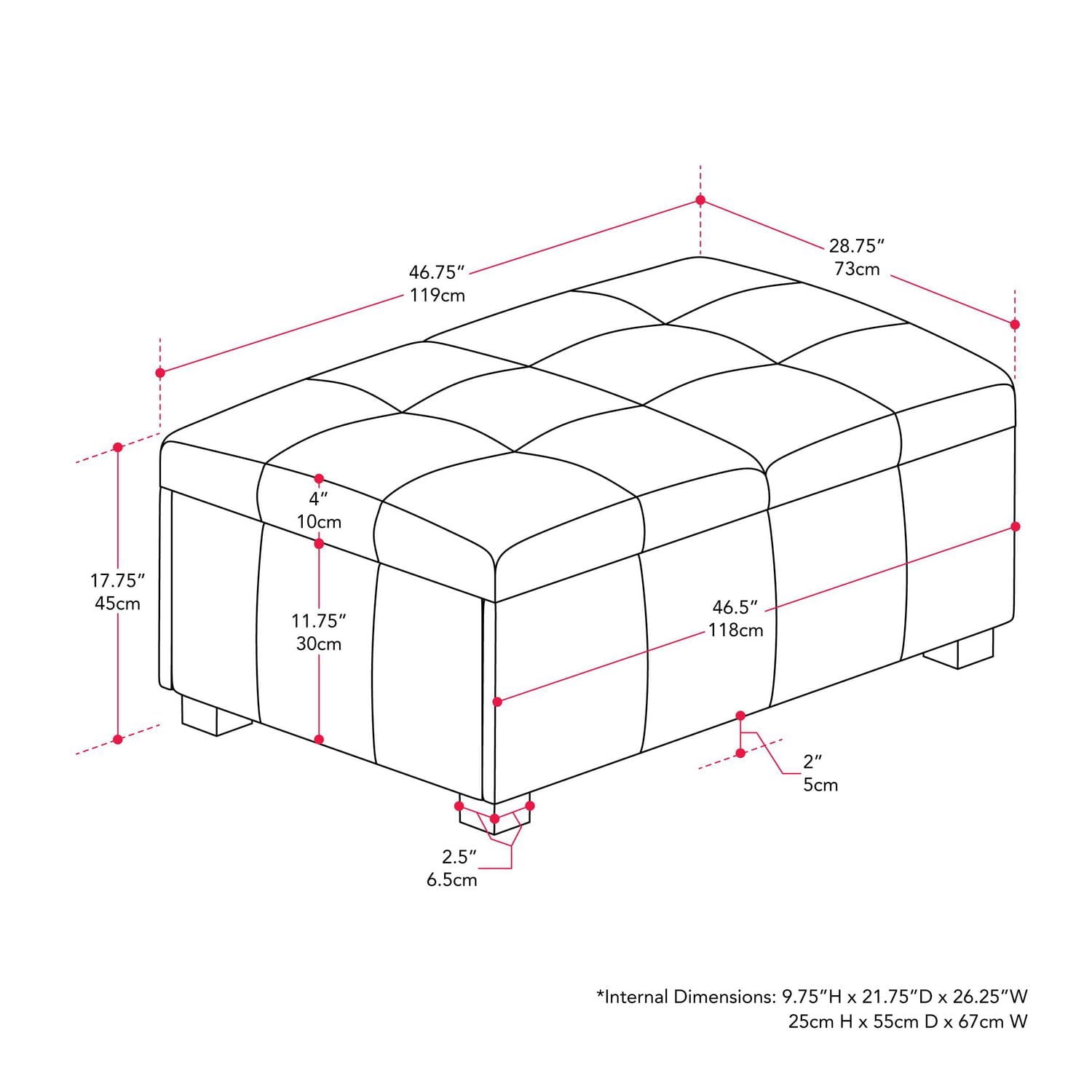 Pouf de rangement double de luxe CorLiving Antonio en similicuir de qualité supérieure avec pieds en bois