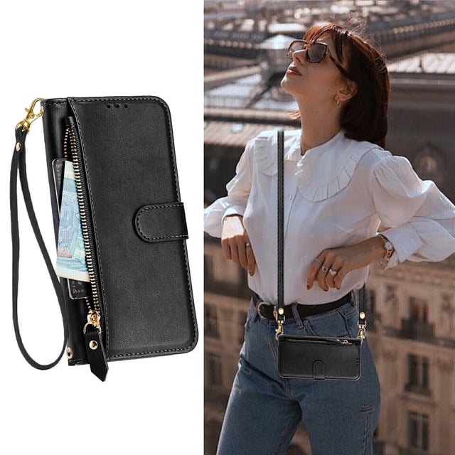 iPhone 15 Plus Case ,Zipper Handbag Wallet Leather Cover with Crossbody Detachable Lanyard Strap