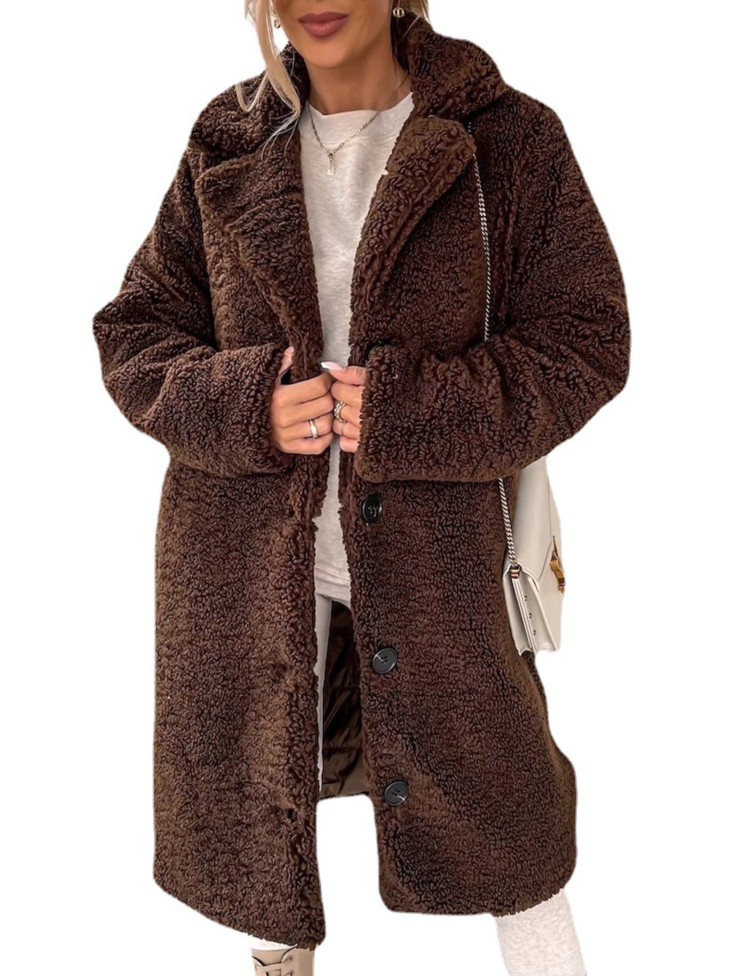 LUXUR Ladies Button Down Plush Overcoats Single Breasted Travel Sherpa Jacket Coffee 5XL