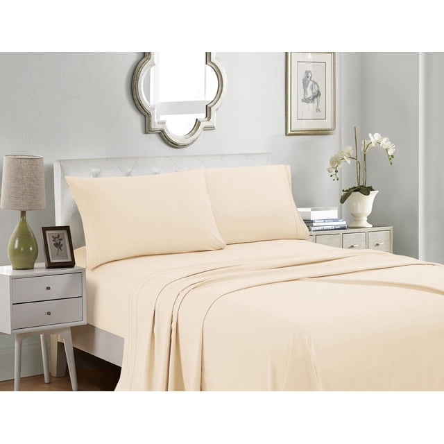 4 Pieces Solid Microfiber Sheet Set in beige on a bed with a tufted headboard, including flat and fitted sheets plus two pillowcases, displayed in a bedroom with a white nightstand, green lamp, framed art, and decorative mirror, ideal for wrinkle-resistant, easy-care bedding.
