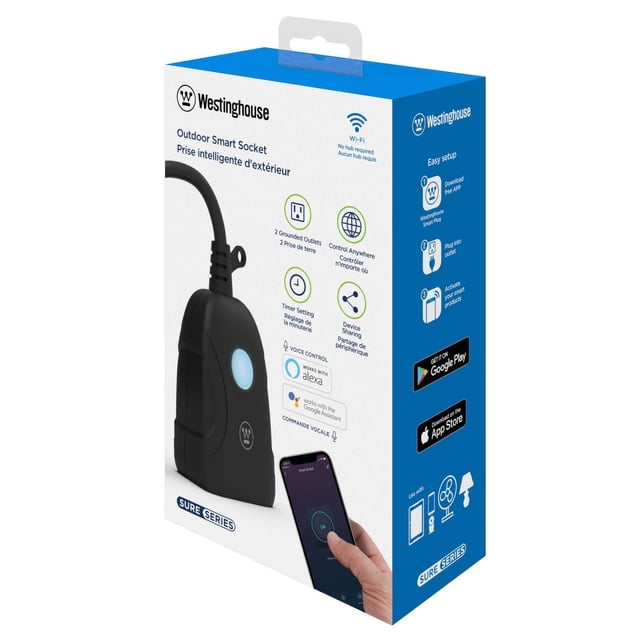 Westinghouse 2-Out Outdoor WiFi Smart Plug packaging showing a black smart plug with a blue illuminated button and 6-inch cord. The box highlights 2 grounded outlets, remote app control, timer settings, device sharing, and voice control with Alexa and Google Assistant. It includes app download icons and suggests use with outdoor lights, fans, and lamps.