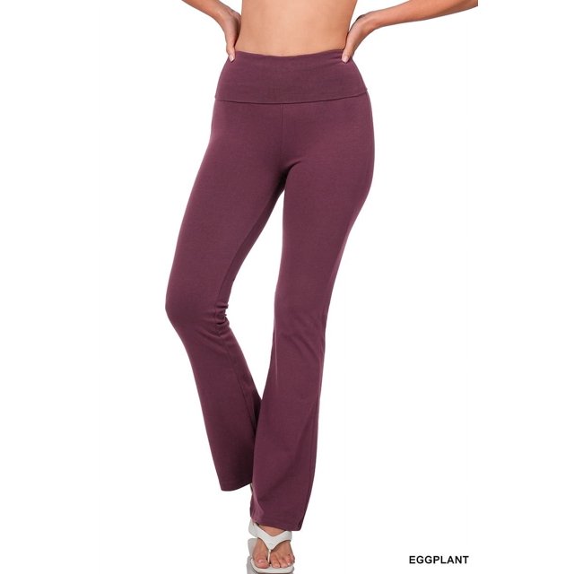 CHUANK Womens & Plus Stretch Cotton Fold-Over High Waist Bootcut Workout Flared Yoga Pants