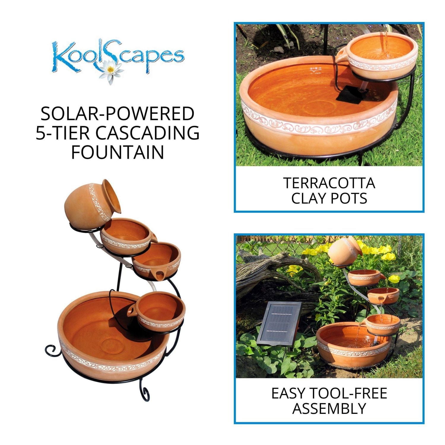 KoolScapes Fontaine en cascade à énergie solaire à 5 niveaux avec pots en terre cuite, élément d'eau extérieur pour décoration de jardin