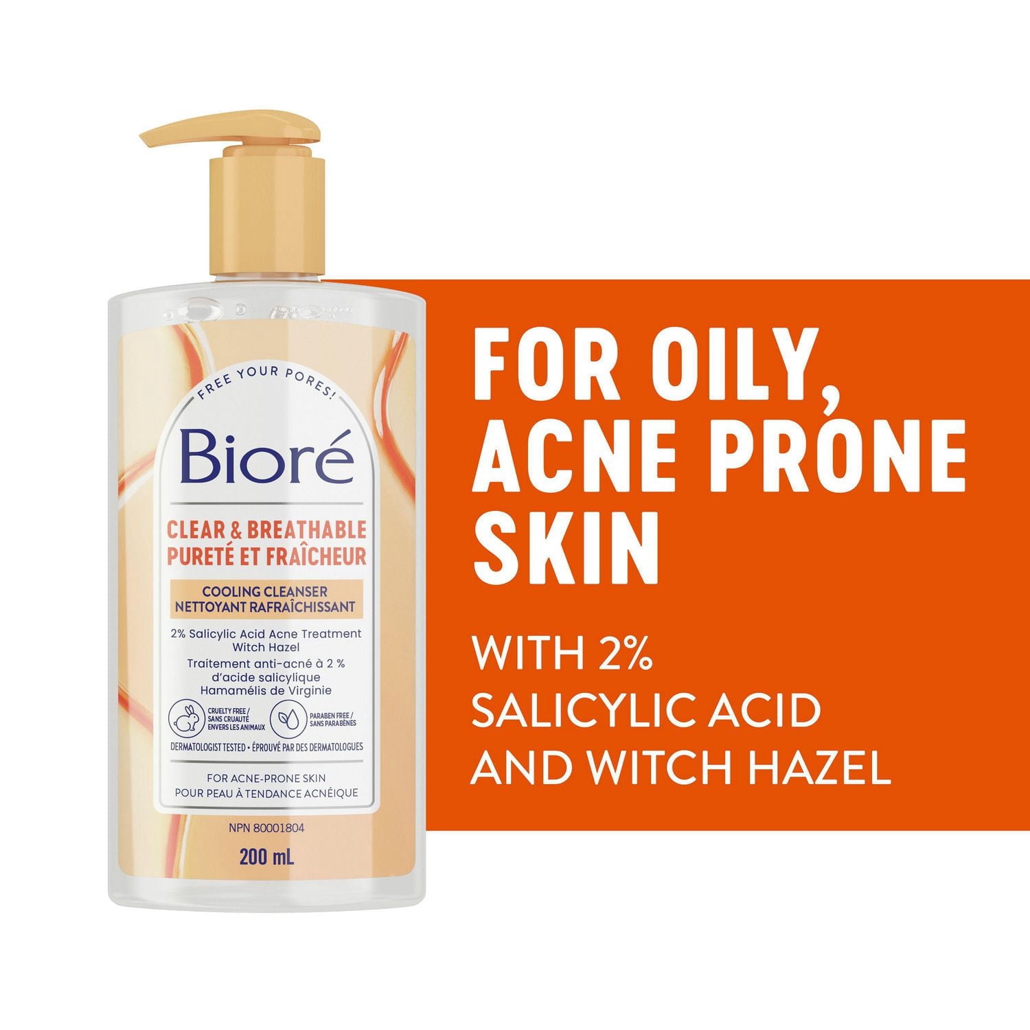 Bioré Pore Clarifying Cooling Cleanser with Witch Hazel, Salicylic Acid Face Wash for Acne Prone Skin, 200mL (Made in Canada)