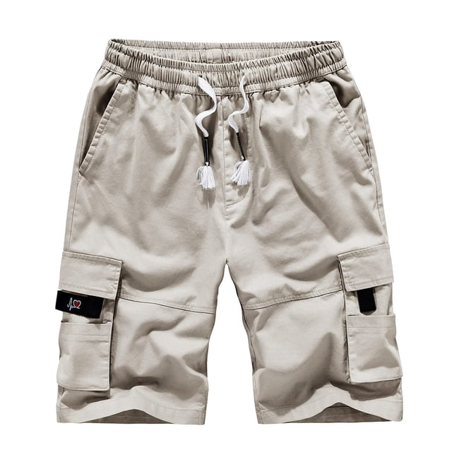 Men Plus Size Cargo Shorts Solid Color 5 Inch Pants Casual Elastic Waist Loose Fit Multi Pockets Drawstring Half Trousers