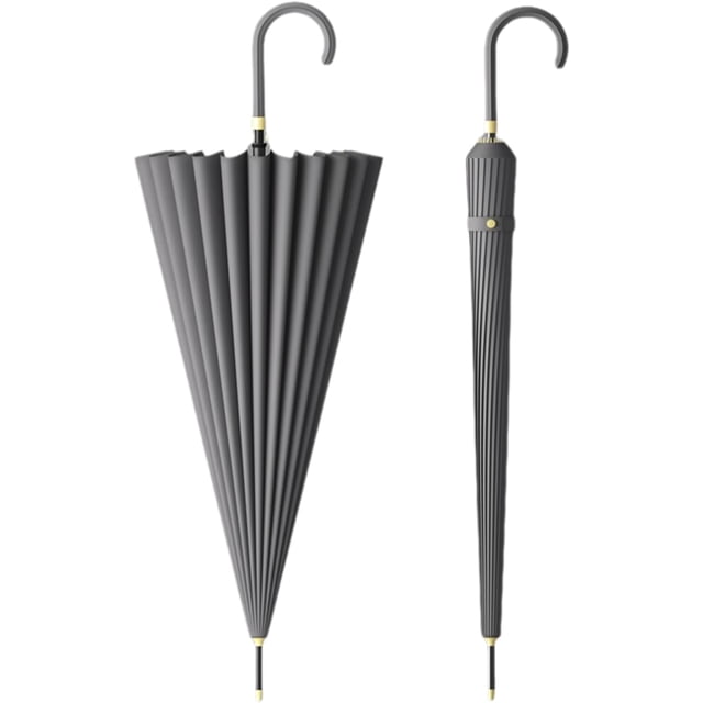 Large Stick Umbrella With Leather Hook Handle 45 Inch - Automatic Open Classic Golf Umbrellas Windproof 24 Ribs - Curved Handle Business Umbrella Cane for Gentlemen grey