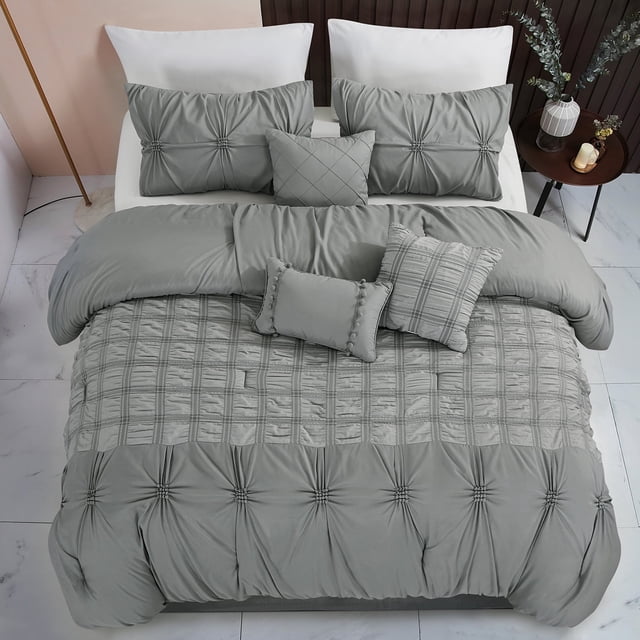 JML Cal King Comforter Set 7 piece,Microfiber Needle Stitch Pinch Pleat Comforter Bed in A Bag
