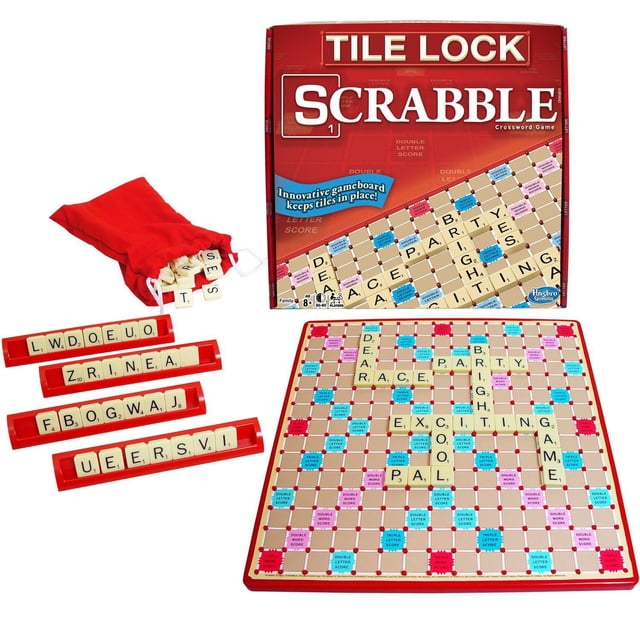 Winning Moves Games Jeu de Scrabble à Cadenas de Tuiles (Anglais Seulement) Comprenant un Plateau à Bordure Rouge avec des Tuiles de Lettres Verrouillées Formant des Mots comme PARTY, BRIGHT, and COOL, Quatre Supports de Tuiles Rouges Tenant des Tuiles de Lettres, et un Sac à Cordon Rouge avec des Tuiles Supplémentaires, Conçu pour le Voyage avec un Plateau Coulissant et Rotatif pour Garder les Tuiles en place.
