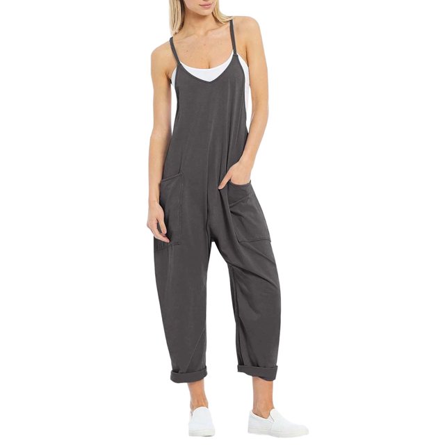 TrendOFT Jumpsuits For Women Casual Summer Solid Loose Pocket Spaghetti Strap Wide Leg Womens Overalls Rompers Grey L