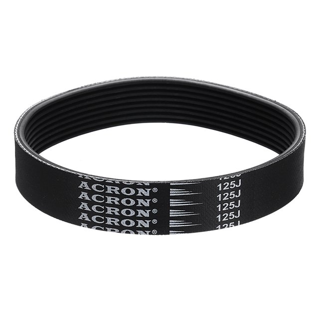 125J8 PJ V-Ribbed Belt with 8 ribs, measuring 12.5 inches in length, 0.74 inches in width, and 0.14 inches in height. Made of durable EPDM rubber, this poly V-belt features high-temperature, oil, and wear resistance. Designed for power transmission in industrial machinery, appliances, and power tools such as compressors, pumps, drills, and saws. The black belt has a multi-ribbed design for enhanced traction and load distribution.