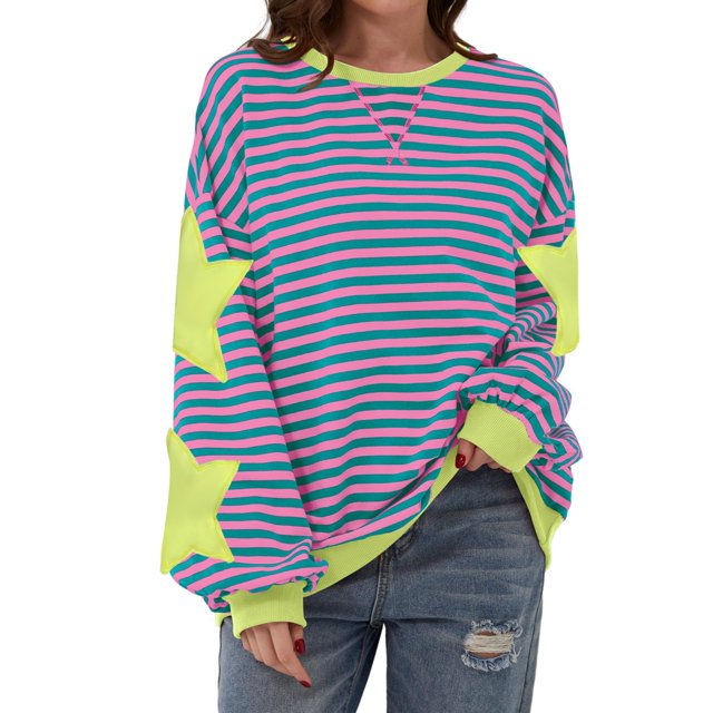 Breezora Women's Oversized Star Pattern Crewneck Sweatshirt 2025 Fall Collection Long Sleeve Preppy Style Lightweight Comfort Top S Size Green