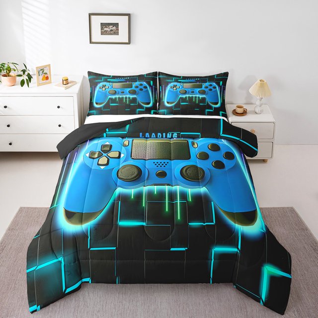 Blue Gaming Full Size Comforter Sets for Boys - Gamer Comforter Boys Full Size Bedding Set, Neon Lights Abstract Geometry Design Gamer Room Decor