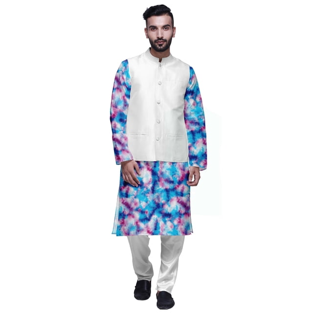 Atasi Kurta Pyjama Traditionnel Uni à Col Mandarin avec Ensemble de Veste Imprimée