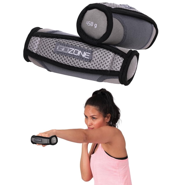 GoZone Walking Dumbbells shown as a pair of 450 g soft neoprene hand weights with breathable mesh straps, demonstrated in use by a person extending one dumbbell forward, designed to add weighted resistance to walking and aerobic exercise for muscle toning and endurance.