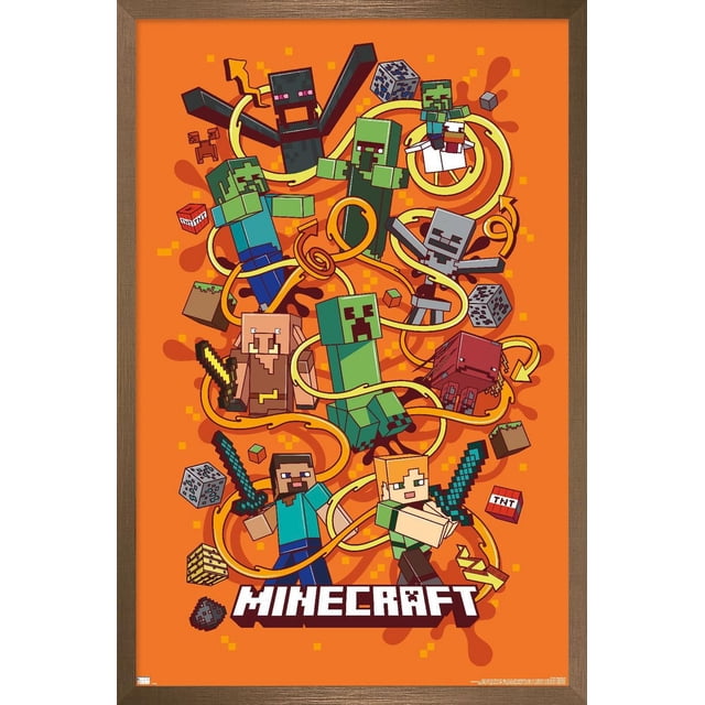 Minecraft - Funtage Wall Poster, 22.375" x 34", featuring an orange background with Minecraft characters including Steve, Alex, Creepers, Enderman, Skeleton, Pig, and Ghast connected by swirling yellow arrows, with pixelated blocks and TNT cubes, framed in brown wood, suitable as vibrant wall art for bedrooms, offices, or dorm rooms.