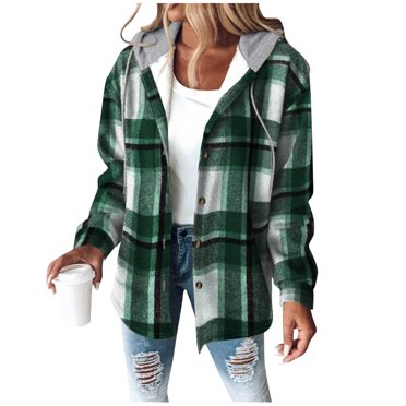 aohooy Womens Lightweight Buffalo Plaid Jacket 2025 Flannel Hoodies Long Sleeve Button Down Shacket Fleece Lined Hooded Jackets Coat Green,L