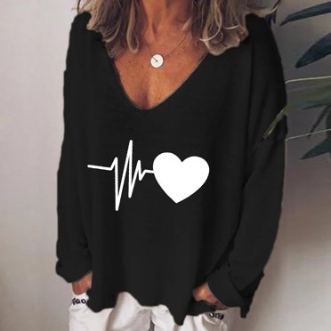 GZWYHT Valentines Outfits for Women T Shirts for Women Women Fashion Casual Print V-Neck Loose T-shirt Top Blouse Pullover Couples Shirts Matching Couples Shirts Couples T-Shirts Black S