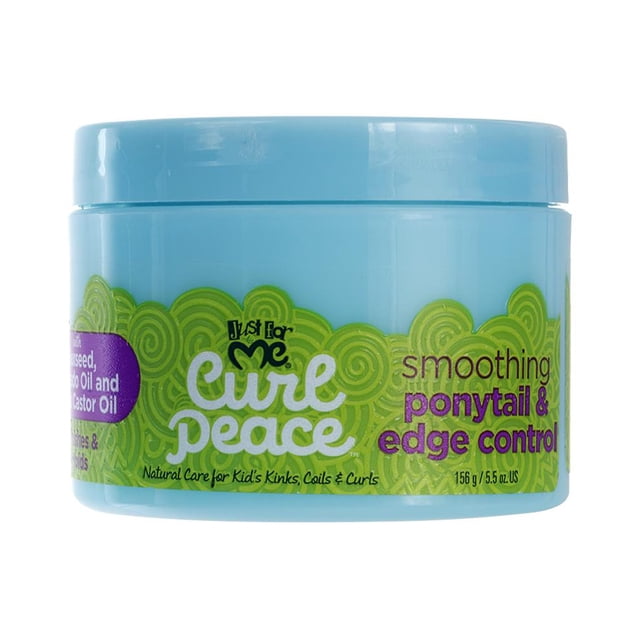 Just for Me Curl Peace Contrôle Lissant de Queue de Cheval et des Bords dans un Contenant Bleu Pâle de 156 g (5,5 oz) avec Étiquette Verte et Violette. Conçu pour les Plis, Enroulements et Boucles des Enfants, Il Lisse, Tient et Hydrate les Cheveux. Sans sulfates, Parabènes, Huile Minérale, Pétrolatum et Phtalates.