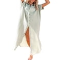 thumbnail image 4 of Femmes Maillot de Bain Couvrir Robe Manches Courtes Côté Divisé Bouton vers le Bas Longue Chemise Robe Cardigan Maxi Plage Robe Bleu, 4 of 7