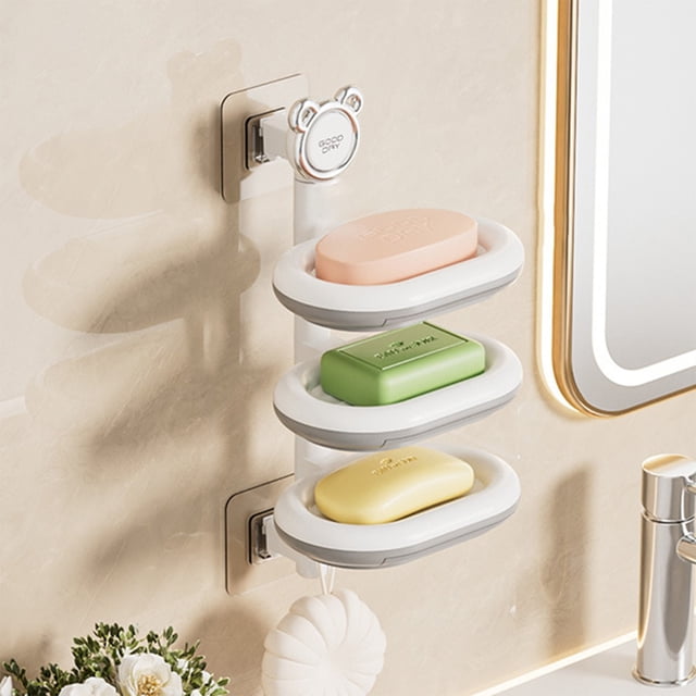 Iumwxz Rotating Wall Mounted Multi-Layer Soap Box Punch-Free Bathroom Tray Storage Swivel Compartment Organizer Drying Rack Adhesive Holder 1-Pack Gray