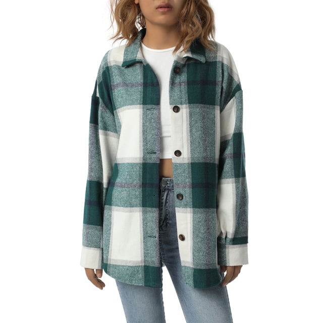 Xingqing Chemise-Veste à Carreaux Rétro pour Femme à Boutons, Veste en Mélange de Laine à Manches Longues, Manteau Vert m