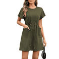 thumbnail image 2 of Women Spring Summer Dresses 2025 Casual Round Neck Ruffle Short Sleeve Flowy A Line Mini Dress with Pockets Moss Green S, 2 of 8