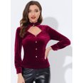 thumbnail image 2 of INSPIRE CHIC Blouse en Velours à Volants, Col Montant, Découpes, Manches Longues, pour Femme, Rouge Vin, P, 2 of 5