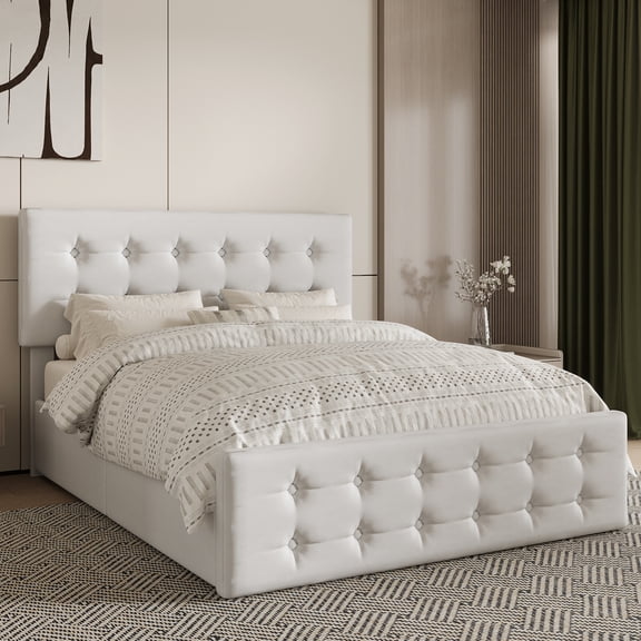 Cadre de Lit Plateforme Rembourré avec 4 Tiroirs de Rangement et Tête de Lit Ajustable, Design Capitonné à Boutons, Aucun Sommier Requis, Double Grand Très Grand, Gris Foncé Gris Pâle Beige Blanc Noir Bleu