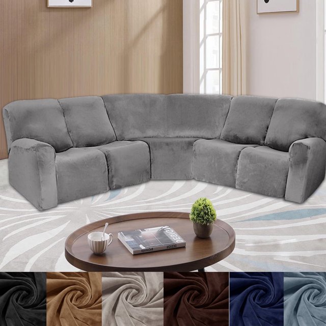 CHOK 2024 Housses Extensibles pour Canapé d'Angle Inclinable 5 Places en Velours, Housses de Canapé Sectionnel Inclinable, Protège-Meubles, Bleu Eau Profonde