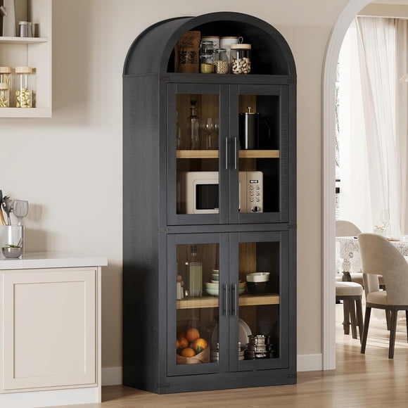 Bookcase with Doors Arched 71.4" Tall Wooden Display Cabinet, 15.83" Deep Farmhouse Bookcase with Glass Doors and Metal Corners for Living Room, Kitchen, Office