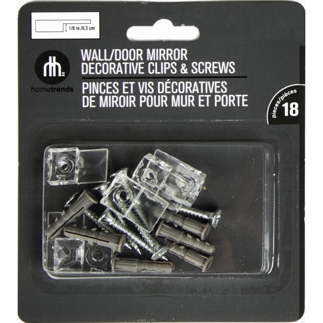 Hometrends Wall and Door Mirror Mounting Clear Plastic Clips and Screws set with 6 clear clips, 6 silver screws, and 6 gray anchors for mounting 1/8 inch depth frameless mirrors on drywall.