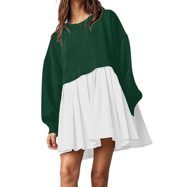 Robe Chandail Surdimensionnée pour Femmes Longue et Fluide à Empiècements, Chandail à Enfiler Mignon à Épaules Tombantes, Chandails d'Automne à Manches Longues, Mini-Robe, Adolescentes, Col Ras du Cou, Tunique Unie Plissée, Vêtements Amples Beig