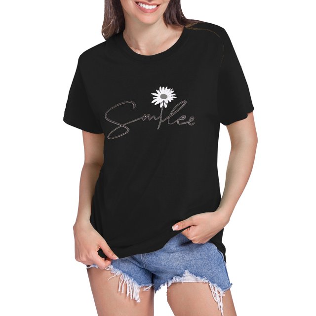 LUOGENLI T-shirts pour Femme pour Femmes T-shirts pour Femmes Motif Imprimé Tournesol Col Rond T-Shirt à Manches Courtes Haut T-shirts Amusants pour Femmes T-shirts Graphiques Saint-Valentin Noir m