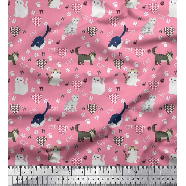 Soimoi Modal Satin Fabric Heart,Footprint & Cat Animal Fabric Prints by Yard 42 Inch Wide