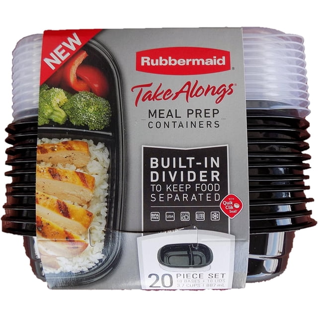 Rubbermaid TakeAlongs Divided Meal Prep Food Storage Containers with Lids, 887mL 10 Pack (20 Pieces) – BPA Free, Stackable, Freezer, Dishwasher & Microwave Safe – Perfect for Packing Lunch (Black)