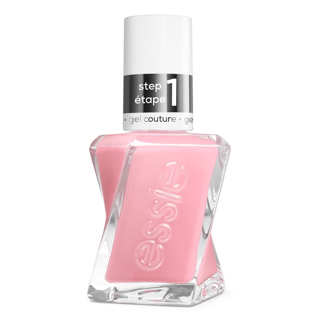 gel couture by essie gel-like longwear nail polish in pink, in a twisted clear glass bottle with embossed essie logo and white cap labeled step 1, providing up to 15 days of gel-like wear without UV light and easy removal like regular polish